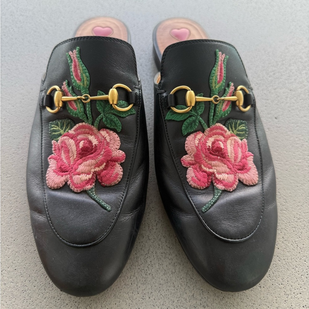 Gucci Black Mules with Pink Floral Embroidery